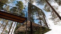 Hotel Mirrorcube di Lapland, Swedia. Dinding luar bangunan ini dilapisi kaca dan dilapisi dengan lapisan film inframerah sehingga burung dapat mengenalinya sebagai penghalang.