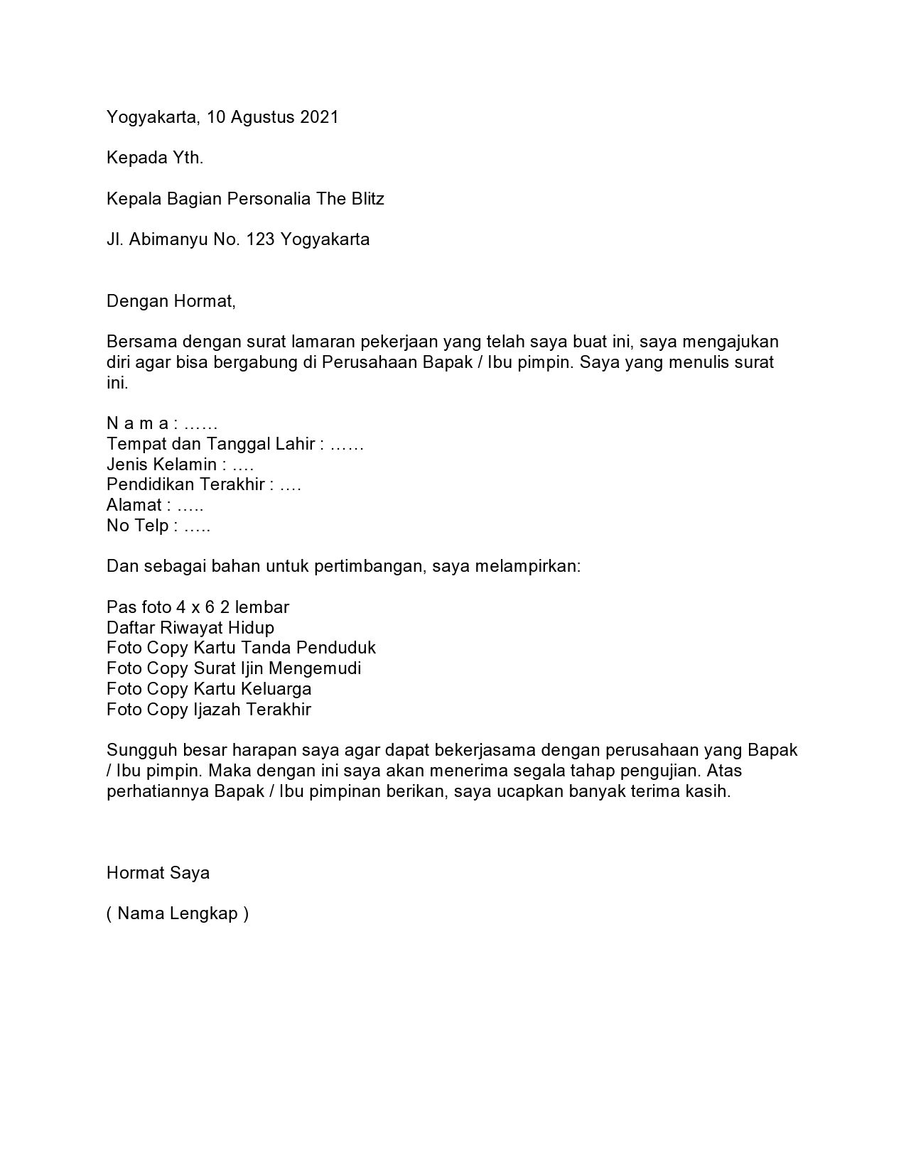 contoh email hrd untuk melamar kerja