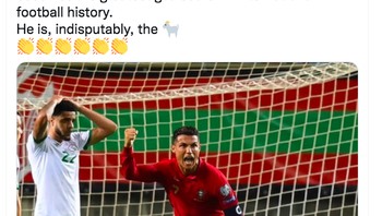 Cristiano Ronaldo memecahkan rekor gol internasional dengan mencetak dua gol untuk Portugal di menit-menit terakhir sehingga berbalik menang lawan Irlandia. Foto: Twitter