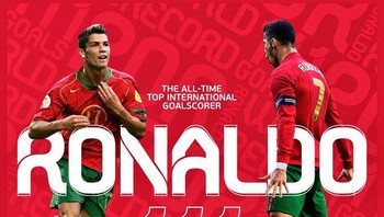 Rekor 111 gol Ronaldo dengan foto saat dia pertama membela Portugal dan foto masa sekarang. Foto: Twitter