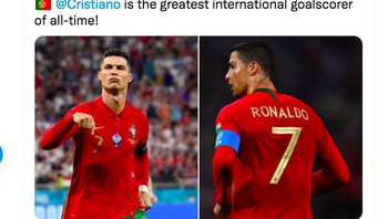 Dengan satu gol ke gawang Irlandia, 110 gol Ronaldo di pentas internasional membuatnya jadi pencetak gol terbanyak sepanjang masa. Ia menambah satu gol lagi sehingga jumlahnya jadi 111. Foto: Twitter