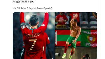 Beberapa orang bilang Ronaldo sudah selesai di umurnya sekarang. Tapi dia masih top skor di Euro, Liga Italia dan kini pencetak gol internasional terbanyak. Foto: Twitter