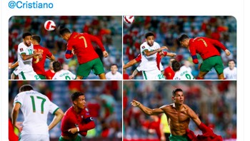 Akun Twitter timnas Portugal pun merayakan dua gol dramatis Ronaldo yang berujung pada kemenangan. Foto: Twitter