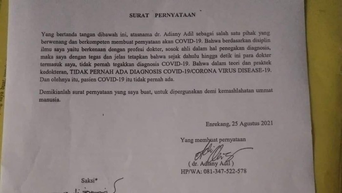Pernyataan dokter di RSUD Enrekang, Sulsel Adiany Adil bahwa COVID-19 bukan diagnosa dan pasien COVID-19 tidak pernah ada. (dok. Istimewa)