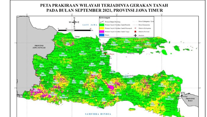 Ada 14 kecamatan di Bojonegoro yang memiliki potensi terjadi pergerakan tanah pada Bulan September ini. Mulai dari risiko menengah hingga menengah tinggi.