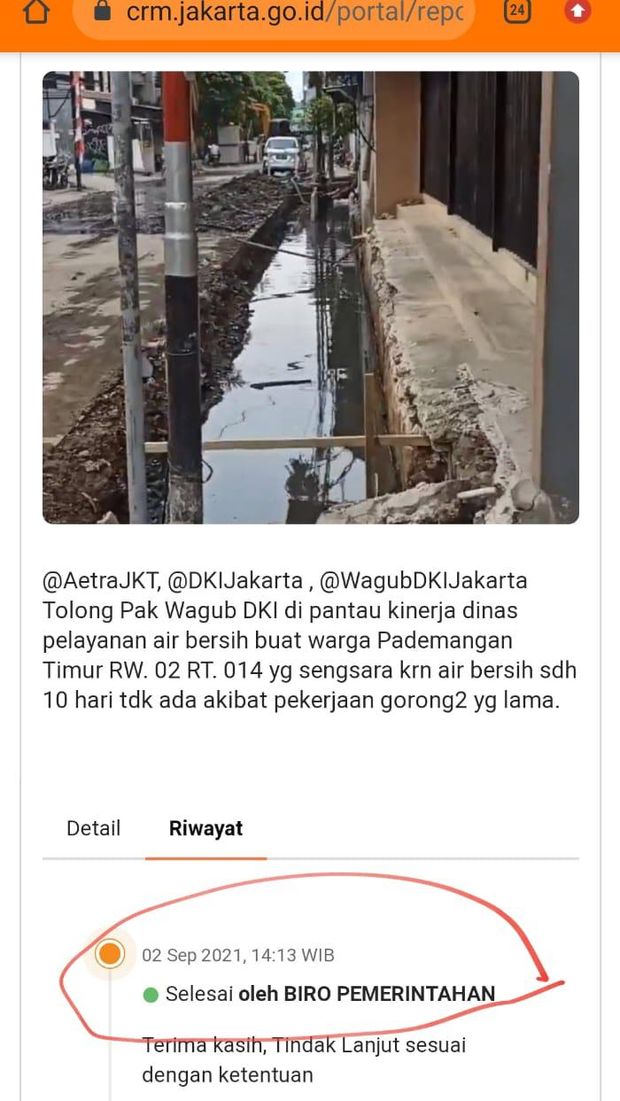Situs pusat aduan warga, CRM menuliskan masalah gangguan air PAM di Pademangan Timur telah selesai.