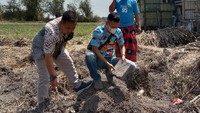 Petugas mengecek lokasi penemuan uang kuno di Desa Sukosongo, Kembangbahu, Lamongan, Jawa Timur, Sabtu (4/9/2021).
