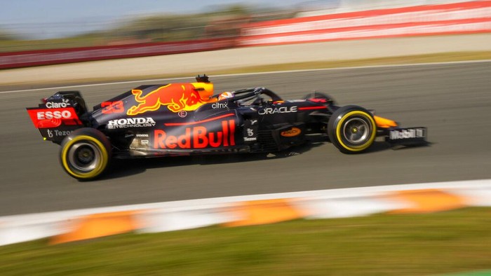 Red Bull driver Max Verstappen of the Netherlands steers his car during the third free practice session ahead of Sundays Formula One Dutch Grand Prix at the Zandvoort racetrack, Netherlands, Saturday, Sept. 4, 2021. (AP Photo/Francisco Seco)