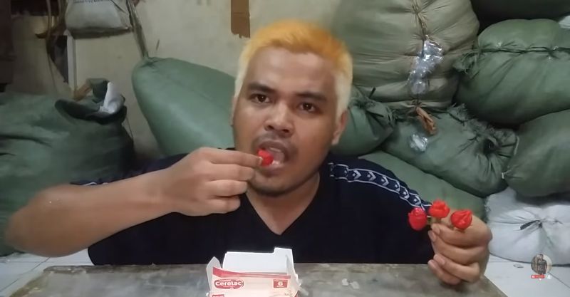 Makan cabe carolina reaper yang pedasnya menyengat