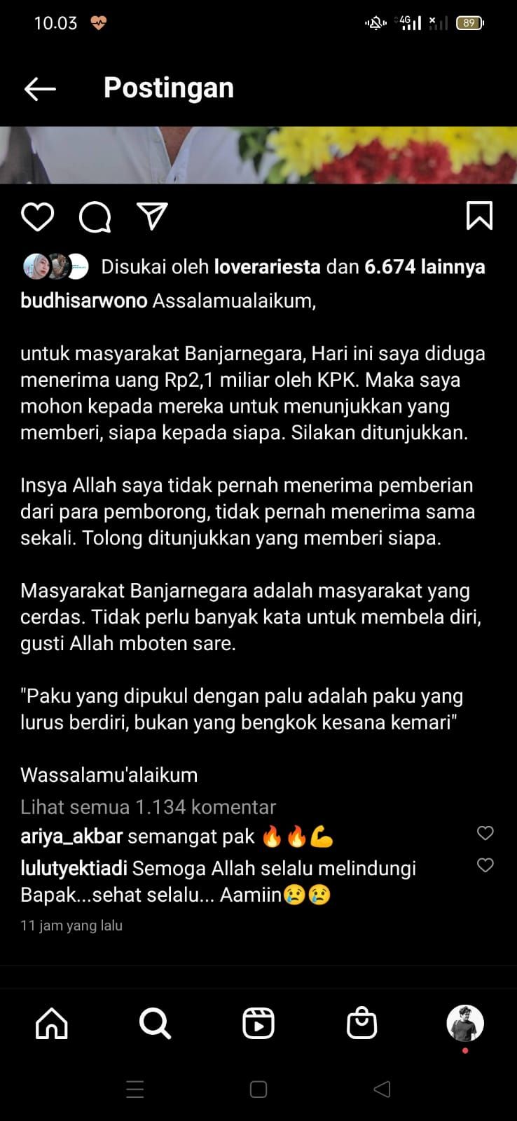 Postingan Budi Sarwono untuk warga Banjarnegara