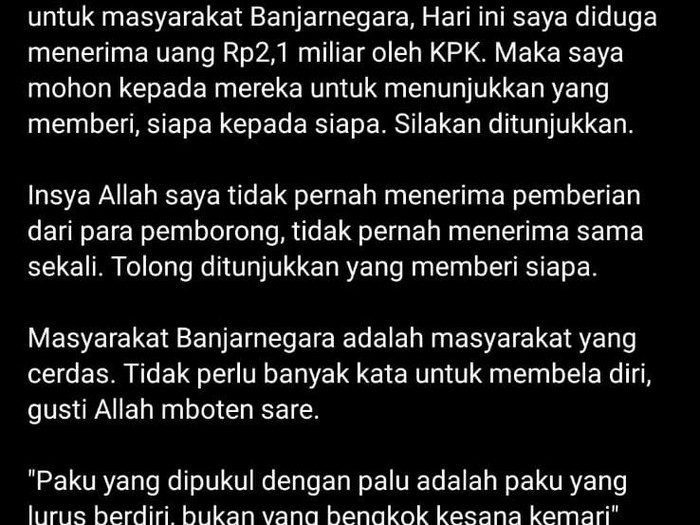 Postingan Budi Sarwono untuk warga Banjarnegara