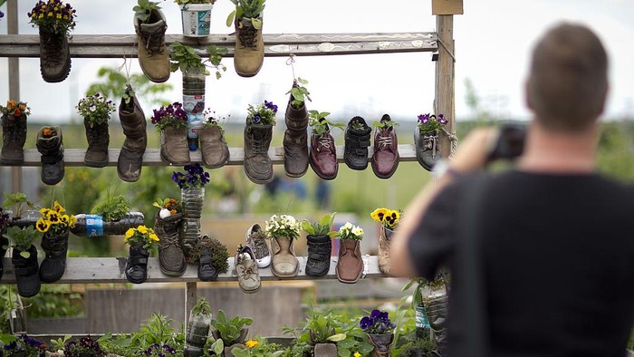 493550995 BERLIN, GERMANY - MAY 24: Flowers are planted in shoes in the park Tempelhofer Feld on in Berlin, Germany. The city is planning to allow development for the construction of new apartment buildings on the edges of the park, while grassroots activists are seeking to block any development at all of the former airport property located in the city center with a referendum to be held May 25.
(Photo by Axel Schmidt/Getty Images)