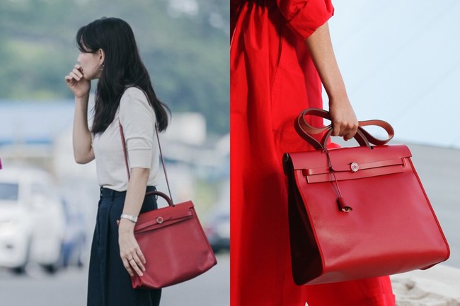 Saat pergi ke desa tepi laut Gongjin, Shin Min Ah mengenakan ‘Herbag 31’ merah keluaran Hermes. Tas tersebut dijual seharga 3,034 dollar atau sekitar Rp 43,2 juta dalam laman Tradesy. Foto: dok. Netflix, dok. Hermes