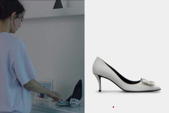 Sepatu silver yang dikenakannya membuat Shin Min Ah bertemu Kim Seon Ho. Ia mengenakan ‘Flower Strass Buckle Pumps in Fabrics’ keluaran Roger Vivier seharga 1,995 dollar atau sekitar Rp 28,4 juta. Foto: dok. Netflix, dok. Roger Vivier