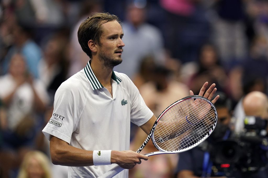 Daniil Medvedev, of Russia, celebrates after defeating Daniel Evans, of the United Kingdom, during the fourth round of the US Open tennis championships, Sunday, Sept. 5, 2021, in New York. (AP Photo/Seth Wenig)
