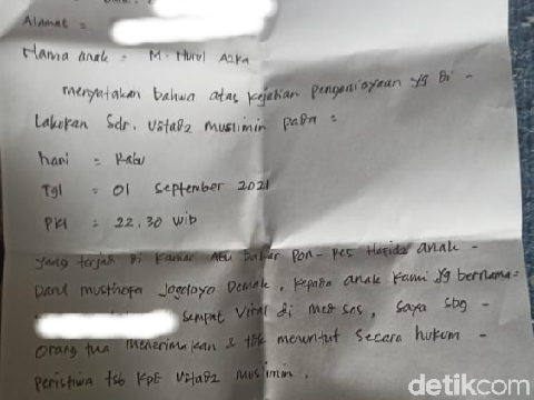 Surat keterangan dari wali santri terkait pemukulan yang dilakukan Ustaz M di Demak