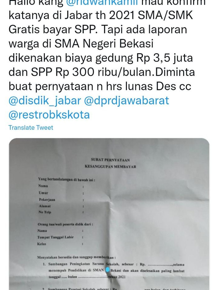 Viral surat permintaan sumbangan untuk ortu siswa dari salah satu SMAN di Bekasi