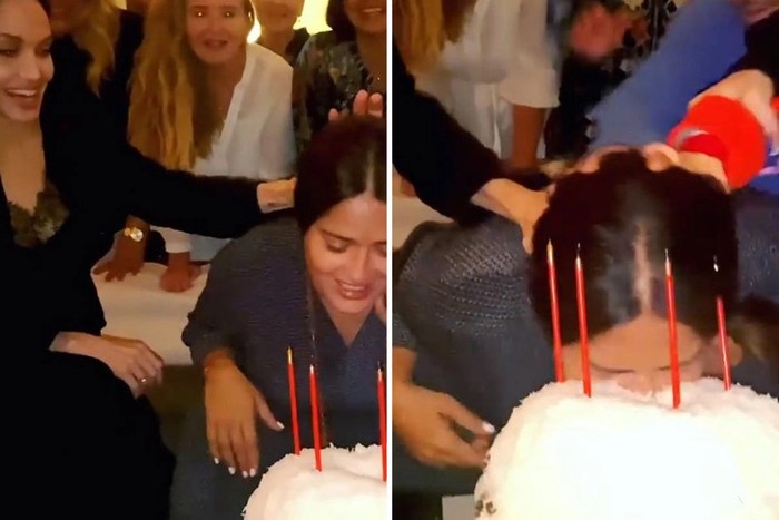 Iseng Banget! Angelina Jolie Dorong Wajah Salma Hayek ke Kue Ultahnya