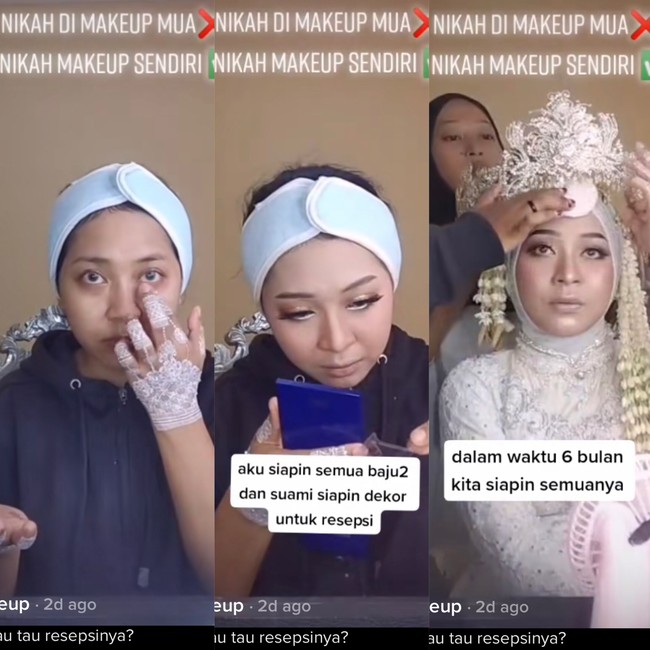 8. Kisah Pengantin Irit yang Makeup Sendiri di Hari PernikahanMila Rusiyana mengunggah video yang viral di TikTok. Ia mengaku mengusahakan berbagai hal sendiri untuk persiapan hari pernikahannya demi irit budget. Terlebih Mila adalah seorang MUA yang mempunyai jasa penyewaan baju pengantin serta dekorasi, ia bisa menghemat dengan mengerjakan semuanya sendiri.Mulai dari lamaran itu saya dekor sendiri. Hias seserahan sendiri sampe baju lamaran jaga jahit sendiri. Sampai akad nikah dan resepsi juga semuanya saya dan suami yang handle dan pastinya dibantu teman-teman WO kami dan juga beberapa saudara-saudara sebagai panitia .. pokonya orangtua terima beres deh, lanjutnya.Foto: Dok/@dila_makeup.wedding.