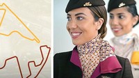 Scarf yang dipakai para pramugari Etihad Airways punya pesan tersembunyi yang tidak semua orang tahu. Warna yang digunakan merupakan hasil kolaborasi dengan Formula-1. Bentuk motifnya menyerupai salah satu sirkuit di Abu Dhabi. Lalu untuk warnanya, oranye mewakili warna matahari terbenam di padang pasir, sedangkan ungu adalah warna bangsawan. Foto: Dok. Brightside