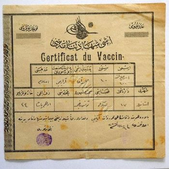 Sertifikat Vaksinasi Zaman Khalifah Usmaniyah Turki tahun 1908
