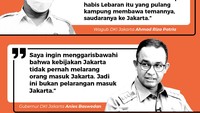 Keduanya juga pernah berbeda suara soal mereka yang hendak datang ke Jakarta saat pandemi. Riza mengimbau agar jangan ke Jakarta dulu. Tetapi Anies mengatakan tak melarang orang luar datang ke Jakarta.