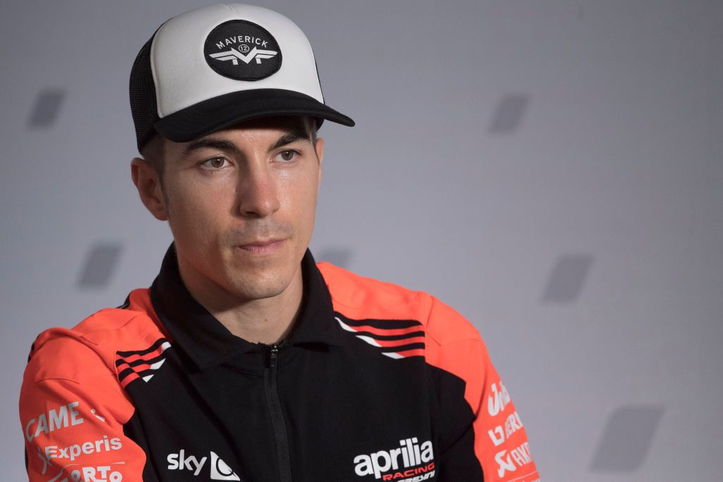 ALCANIZ, SPAIN - SEPTEMBER 09: Maverick Vinales of Spain  and Aprilia Racing Team Gresini  looks on during the press conference pre-event during the MotoGP of Aragon - Previews at Motorland Aragon Circuit on September 09, 2021 in Alcaniz, Spain. (Photo by Mirco Lazzari gp/Getty Images)
