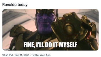 Ini menjadi periode kedua Ronaldo bergabung bersama Man Utd. Menurut fans, Ronaldo seperti Thanos siap beraksi. Foto: (Twitter)