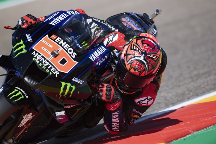 ALCANIZ, SPAIN - SEPTEMBER 10: Fabio Quartararo of France and Monster Energy Yamaha MotoGP Team rounds the bend during the MotoGP of Aragon - Free Practice at Motorland Aragon Circuit on September 10, 2021 in Alcaniz, Spain. (Photo by Mirco Lazzari gp/Getty Images)