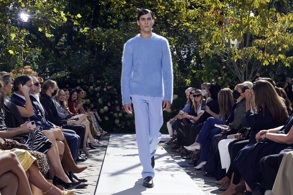 The Michael Kors Spring/Summer 2022 collection is modeled during Fashion Week in New York, Friday, Sept. 10, 2021. (AP Photo/Richard Drew)