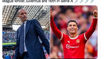Allegri tampak murung melihat Ronaldo berjaya dalam debutnya bersama Manchester United. Foto: Twitter