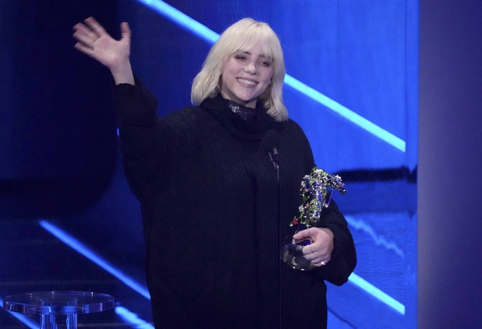 Billie Eilish arrives at the MTV Video Music Awards at Barclays Center on Sunday, Sept. 12, 2021, in New York. (Photo by Evan Agostini/Invision/AP)