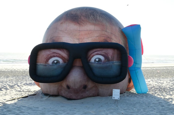 CURRUMBIN, AUSTRALIA - SEPTEMBER 13: Sculpture by Danger Dave titled 'Damien Hirst Looking for Sharks' is seen on September 13, 2021 in Currumbin, Australia. SWELL Sculpture Festival is an annual exhibition that features 65 large-scale sculptures installed along Currumbin Beach on the Gold Coast in Queensland. (Photo by Matt Roberts/Getty Images)