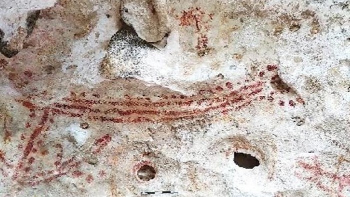 Motif gambar cadas purbakala di Pulau Kaimer, Kabupaten Maluku Tenggara, Provinsi Maluku yang ditemukan oleh Arkeolog Wuri Handoko dari Balai Arkeologi Maluku pada 2018. (ANTARA/HO-Balai Arkeologi Maluku)