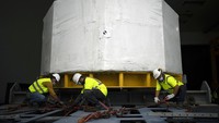 A part of the cryostat component of the ITER machine is pictured in Saint-Paul-Lez-Durance, France, Thursday, Sept. 9, 2021. Scientists at the International Thermonuclear Experimental Reactor in southern France took delivery of the first part of a massive magnet so strong its American manufacturer claims it can lift an aircraft carrier. (AP Photo/Daniel Cole)