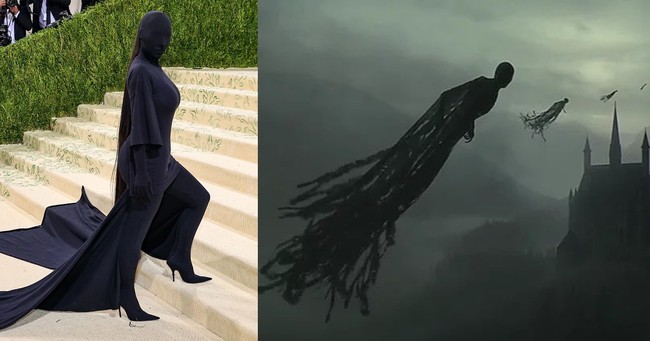Penampilan Kim Kardashian di Met Gala 2021 ini langsung viral di media sosial. Namun viral bukan dipuji melainkan menjadi meme. Tak sedikit netizen yang menyandingkan gaya terbaru kakak Kylie Jenner dan Kendall Jenner itu sama dengan sosok Dementor di film Harry Potter. Foto: Dok. Twitter