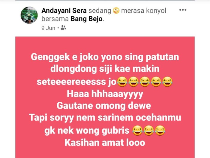 Anggota DPRD Magetan, Joko Suyono, melaporkan akun Facebook Andayani Sera ke Polda Jatim. Ia merasa nama baiknya tercemar setelah akun tersebut menyebut dirinya punya anak dari selingkuhan.