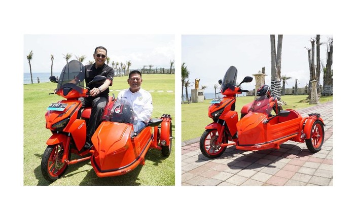 Ketua MPR RI Bambang Soesatyo mejeng di atas motor listrik Gesits bergaya sespan