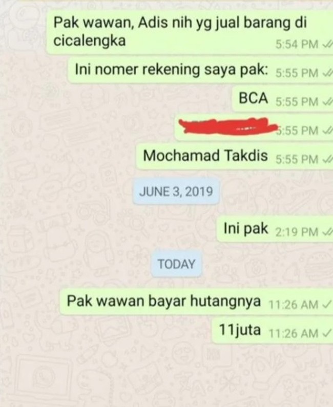 Ketika sudah dikasih nomor rekening tapi hutang tak kunjung dibayar. Nggak cuma itu, chat pun nggak dibalas. Positif thinking saja, mungkin hp nya sedang rusak. Foto: Twitter/@bigalphaid