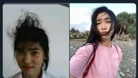 Isyana Sarasvati tak mau ketinggalan. Dia mengunggah fotonya di sekolah dengan rambut berantakan bersebalahan dengan fotonya saat ini. (Foto: dok. Tangkapan layar Twitter)