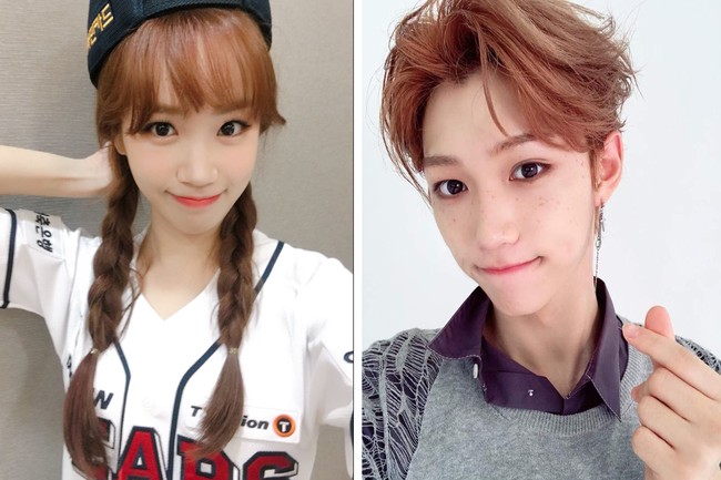 Chaewon eks IZ*ONE dan Felix Stray Kids dinilai mirip karena punya bentuk wajah kecil seperti peri. Keduanya pernah terlihat berdampingan dalam acara musik dan membuat penggemar histeris. Netizen Korea pun mengakui kemiripan keduanya saat tersenyum. Foto: dok Twitter official_izone, dok Twitter Stray_Kids