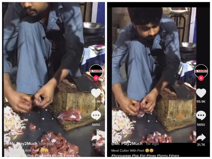 Potong Daging Pakai Kaki Jijik! Pedagang Ini Potong Daging dengan Pisau di Kakinya