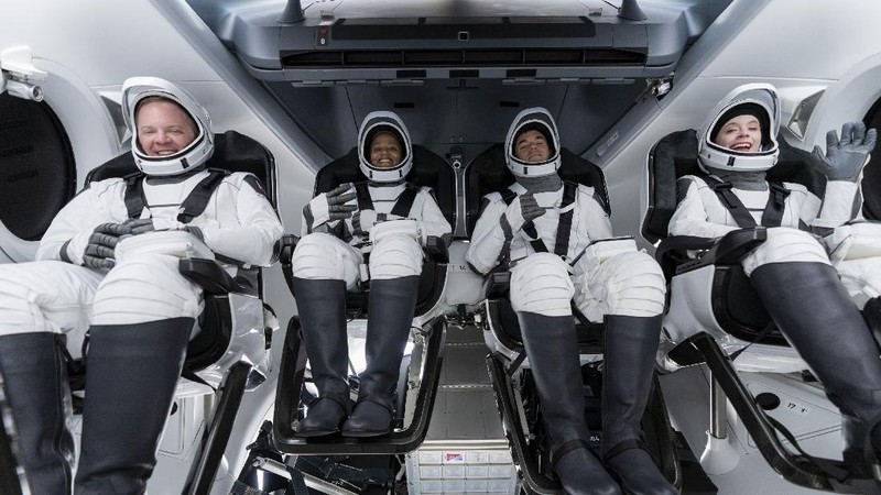 In this Aug. 8, 2021 photo provided by John Kraus, from left, Chris Sembroski, Sian Proctor, Jared Isaacman and Hayley Arceneaux stand for a photo in Bozeman, Mont., during a 