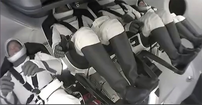 In this Aug. 8, 2021 photo provided by John Kraus, from left, Chris Sembroski, Sian Proctor, Jared Isaacman and Hayley Arceneaux stand for a photo in Bozeman, Mont., during a 