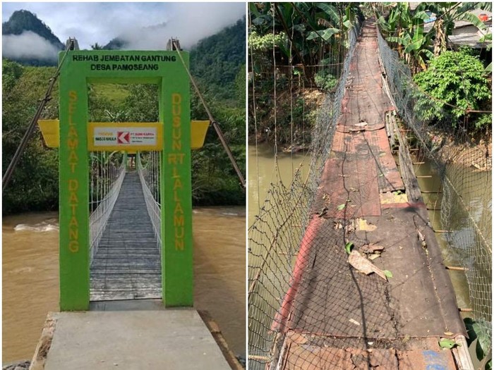 Jembatan gantung di Mamasa dan jembatan gantung di Srengseng Sawah Jaksel. (Repro detikcom)