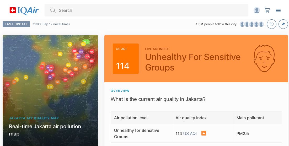 Kualitas udara Jakarta pada Jumat (17/9/2021) pukul 11.45 WIB
