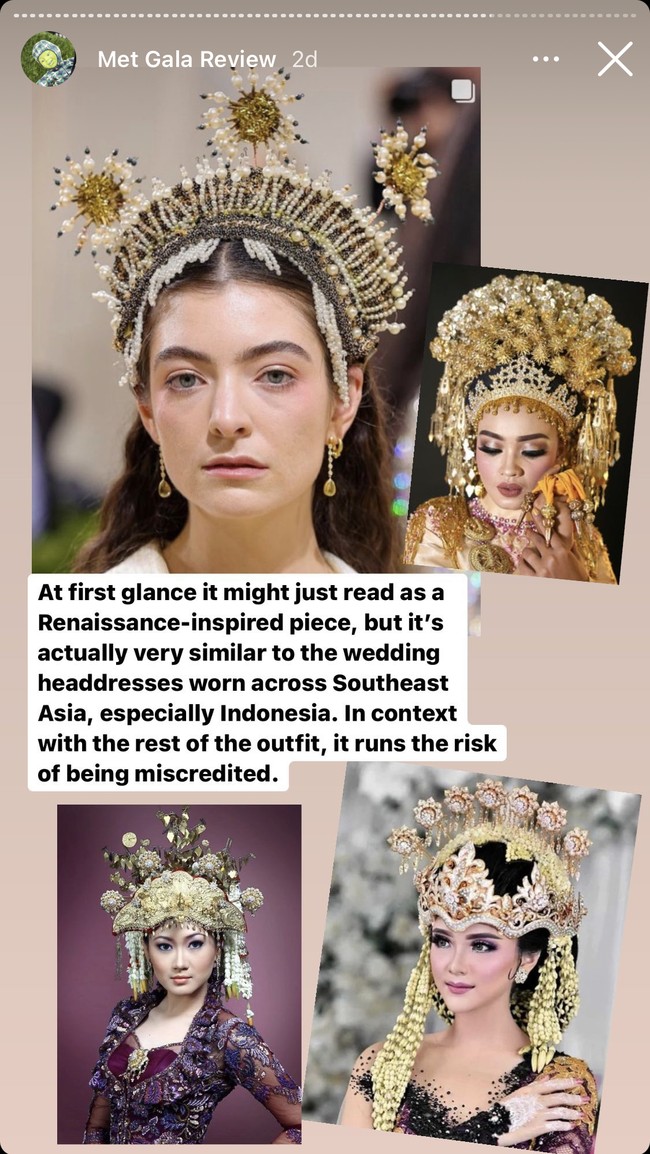 Sepintas, bentuknya seperti terinspirasi era Renaissance, tapi lebih mirip dengan hiasan kepala para pengantin di Asia Tenggara, khususnya Indonesia. Ada risiko orang-orang akan salah menginterpretasikannya, tulis @diet_prada dengan menyertakan beberapa foto pengantin Indonesia dengan siger khas Sunda dan Minang. (Foto: Instagram/@diet_prada)