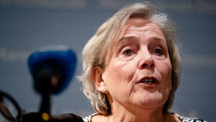 Outgoing defense minister Ank Bijleveld speaks during a statement at her ministry after her party leadership held crisis consultations, in The Hague, on September 17, 2021. - Dutch Defence Minister Ank Bijleveld has resigned, over her handling of the Afghanistan evacuation crisis, a day after the debacle also pushed the foreign minister out of the door. (Photo by Bart Maat / ANP / AFP) / Netherlands OUT