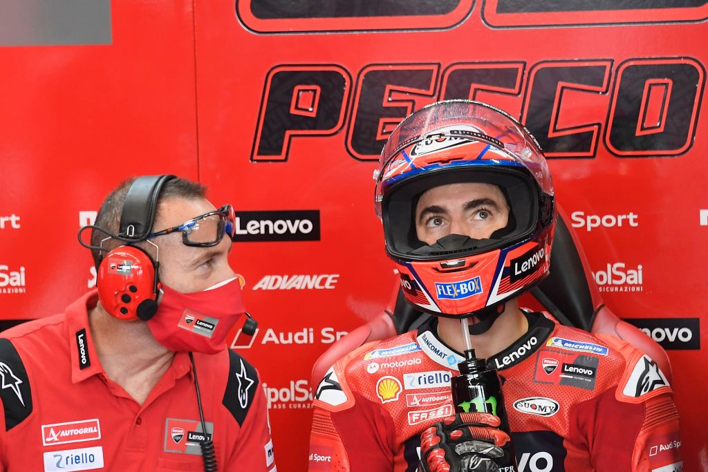 MISANO ADRIATICO, ITALY - SEPTEMBER 17: Francesco Bagnaia of Italy and Ducati Lenovo Team looks on in box during the MotoGP Of San Marino - Free Practice at Misano World Circuit on September 17, 2021 in Misano Adriatico, Italy. (Photo by Mirco Lazzari gp/Getty Images)
