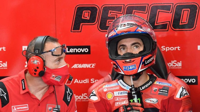 MISANO ADRIATICO, ITALY - SEPTEMBER 17: Francesco Bagnaia of Italy and Ducati Lenovo Team looks on in box during the MotoGP Of San Marino - Free Practice at Misano World Circuit on September 17, 2021 in Misano Adriatico, Italy. (Photo by Mirco Lazzari gp/Getty Images)